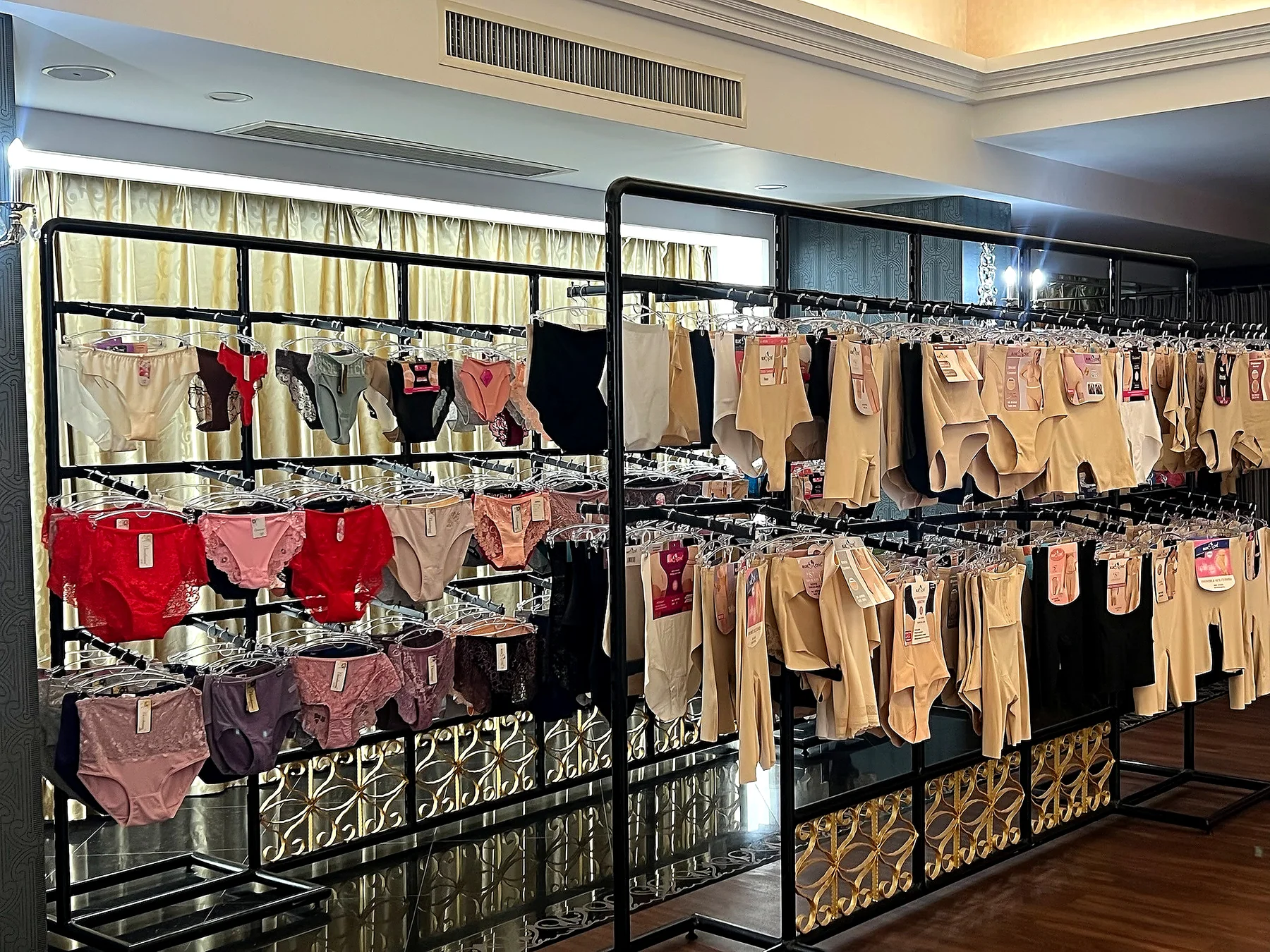 Shapewear and high-waist underwear samples in the showroom